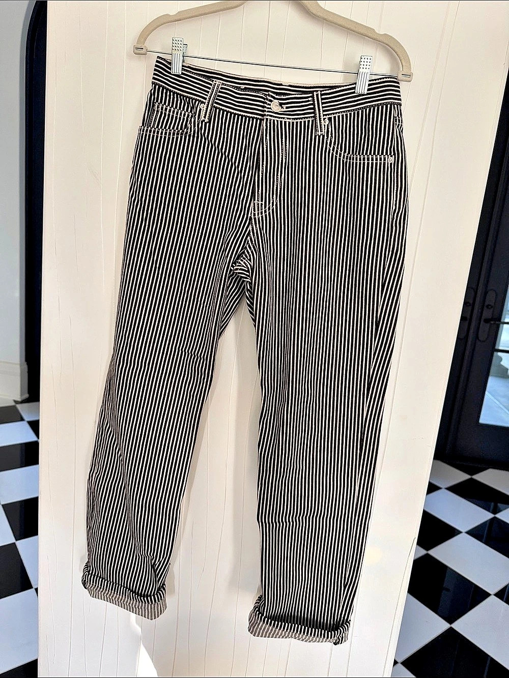 Massimo Dutti Striped Straight Leg Pants in Black & White Waist 28